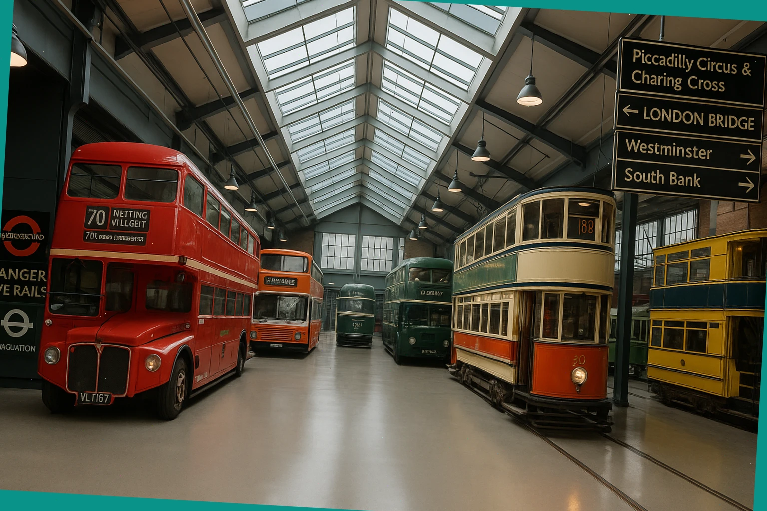 Wide transport gallery with buses, trams, and signage under skylights