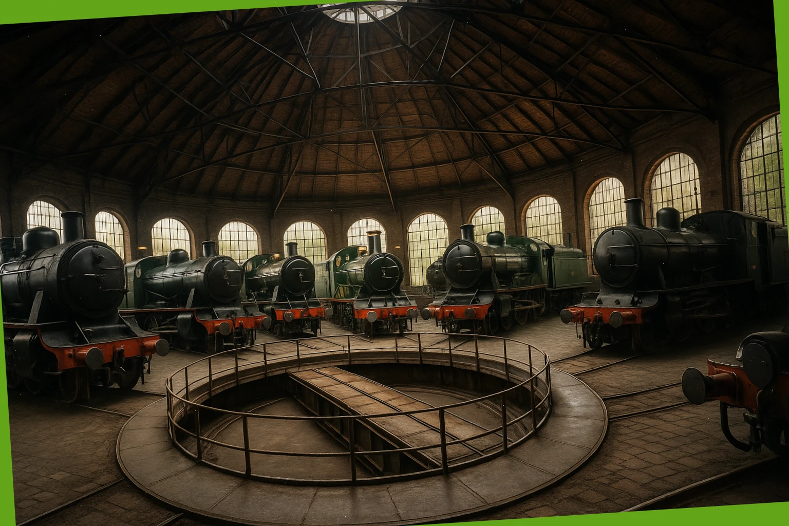 Steam hall with turntable and preserved locomotives under a roundhouse roof