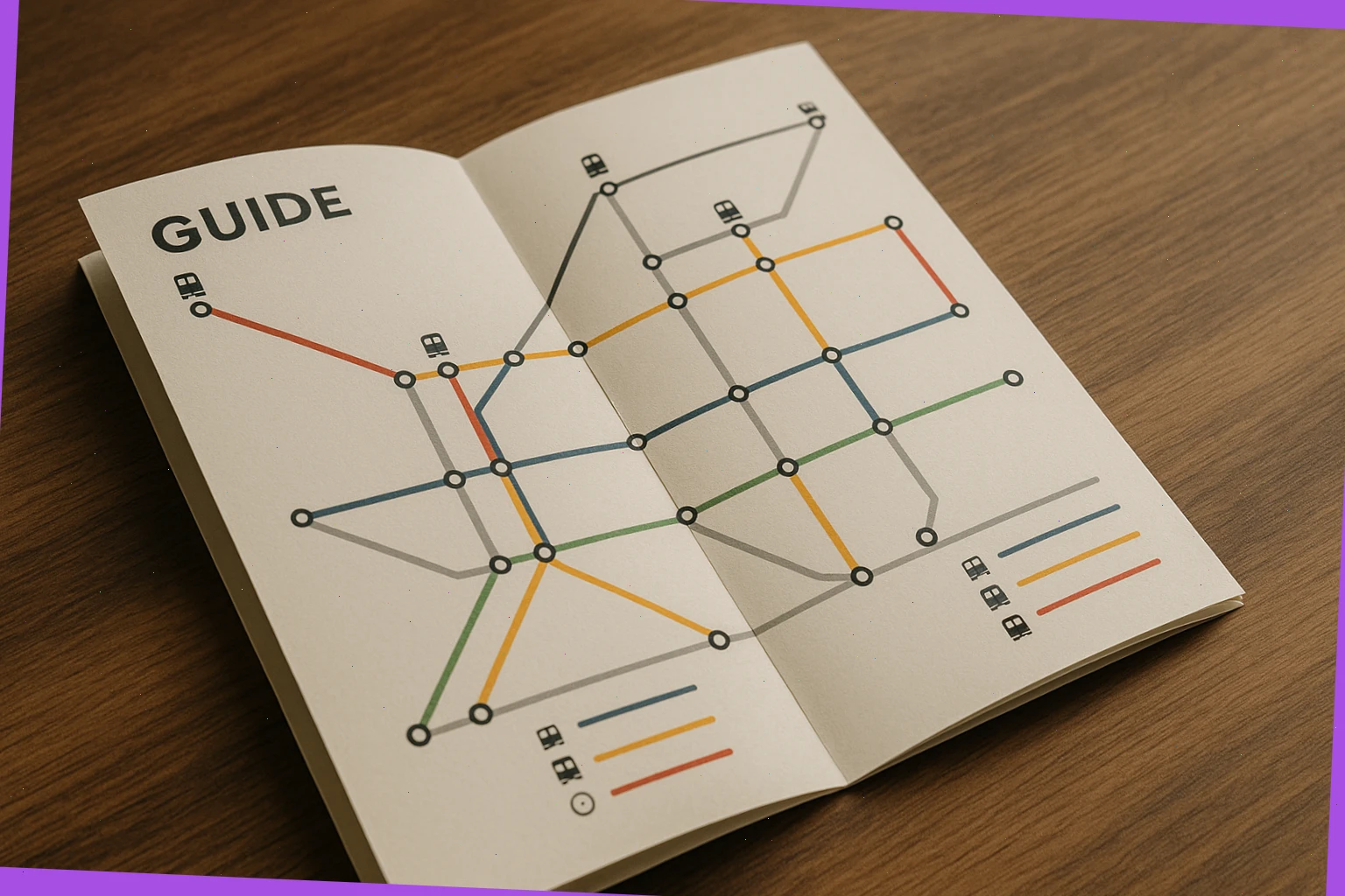 Guide booklet with route diagram, platform icons, and timing marks