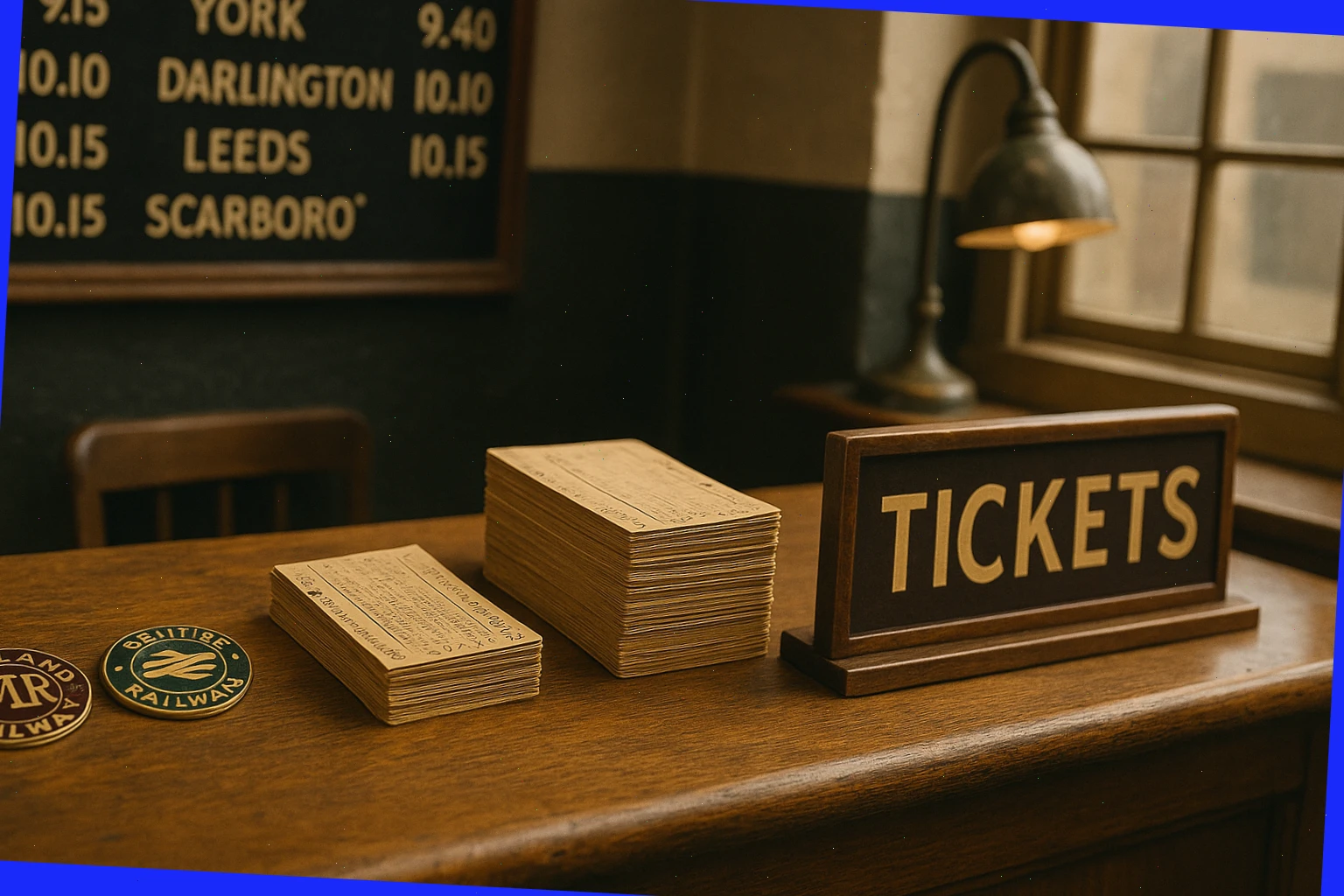 Ticket desk with punched cards, enamel badges, and a timetable board