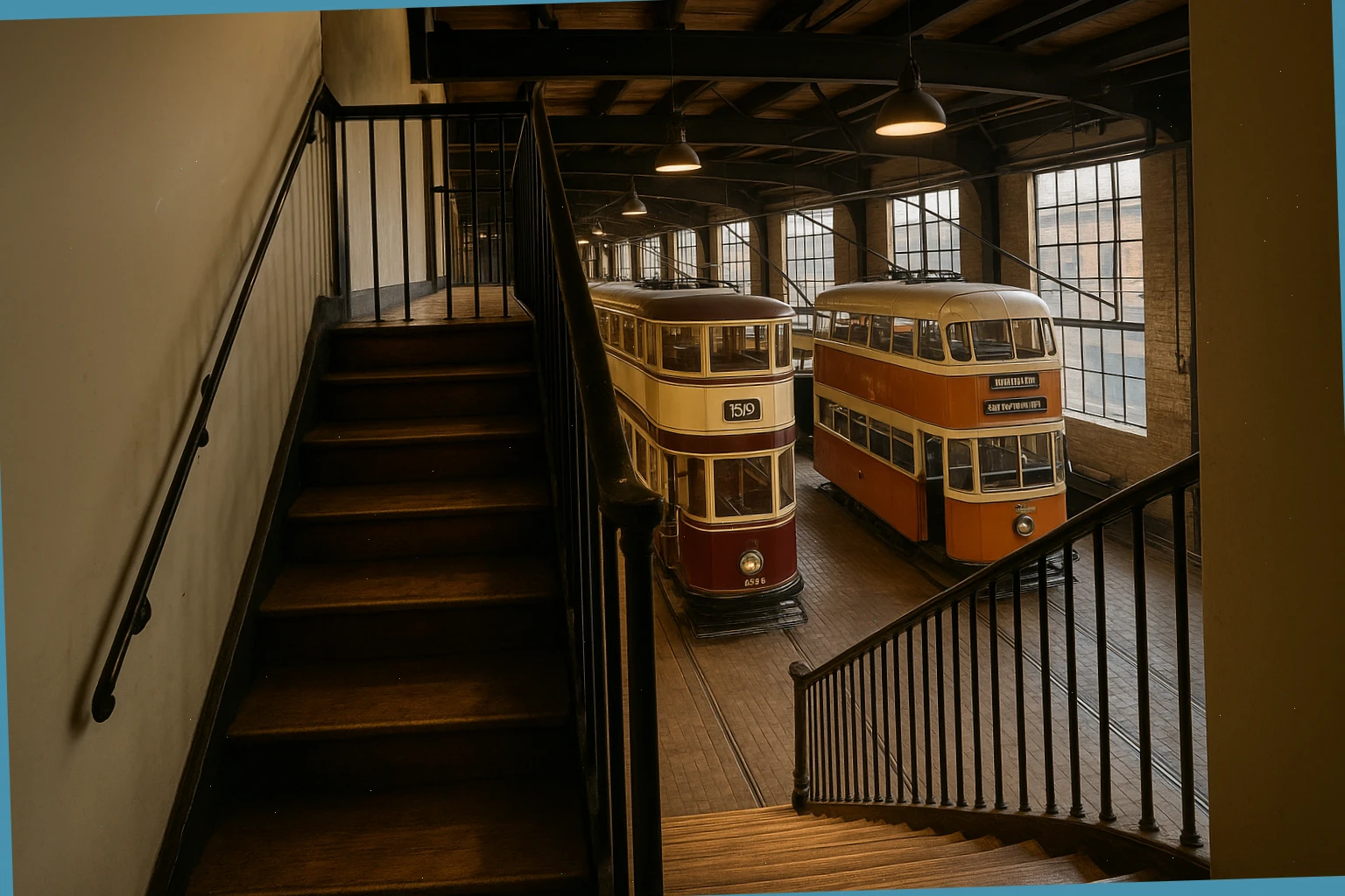 Narrow stairwell up to a mezzanine overlooking restored trams and trolleybuses